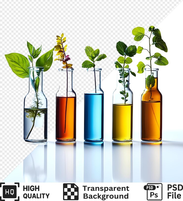 PSD five glass bottles filled with colored liquid and fresh green plants isolated on a transparent background