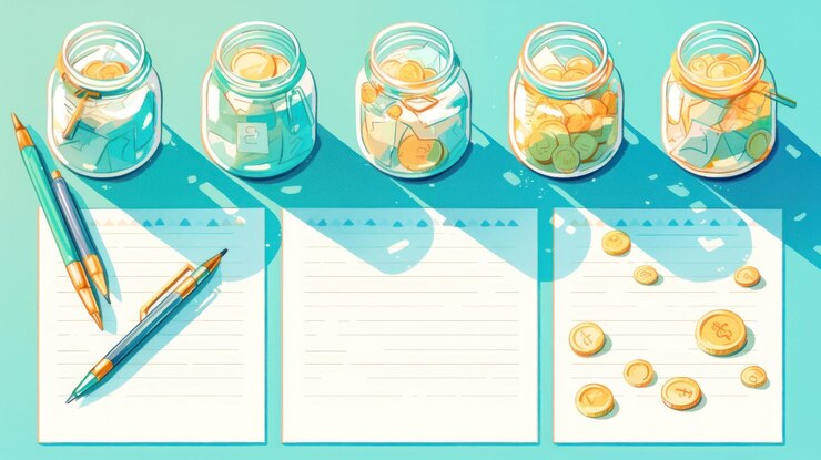PSD five glass jars with different amounts of coins and two blank notepads and two pens