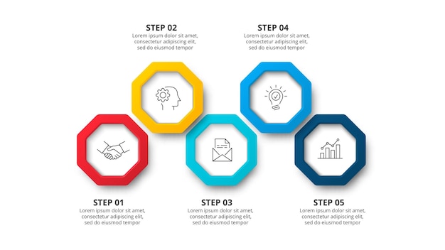 Five hexagons elements in horizontal row for infographic concept of 5 steps of business process