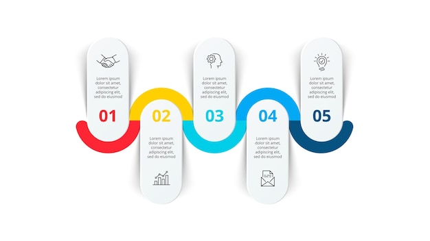 Five infographic rounded elements placed in horizontal row connected by a curved line