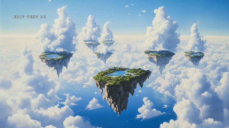 PSD five lush green islands float amidst fluffy white clouds in a vibrant blue sky creating a dreamy surreal landscape