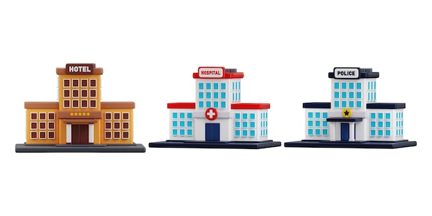 five star hotel building and hospital building and police station building icon set 3d render