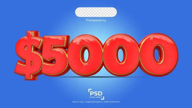 five thousand dollars on transparency background best 3d render ready to use with organized layer