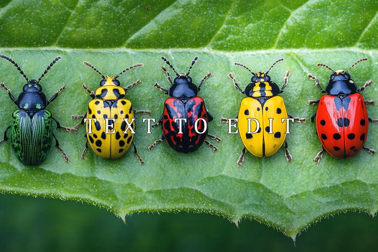 PSD five vibrant colorful beetles on a green leaf