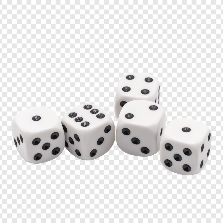 PSD five white dice showing different numbers on a transparent background