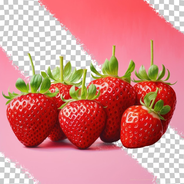 PSD five whole and one half ripe garden strawberries on a transparent background