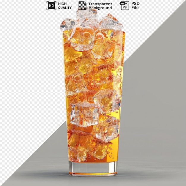 PSD fizzing orange soda with ice isolated on transparent background