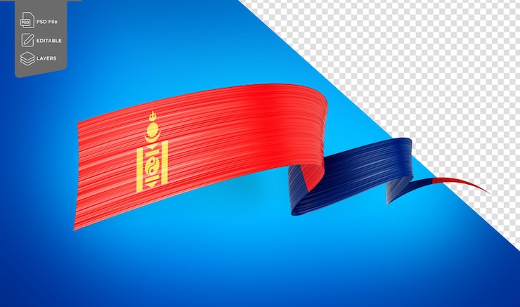 PSD flag of mongolia wavy shiny mongolia ribbon isolated on blue background 3d illustration