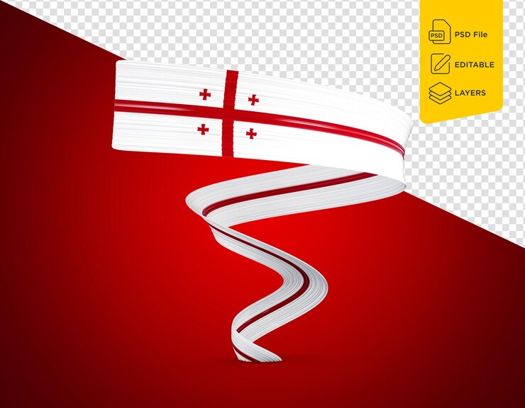 PSD flag of georgia shiny waving twisted flag ribbon isolated on red background 3d illustration
