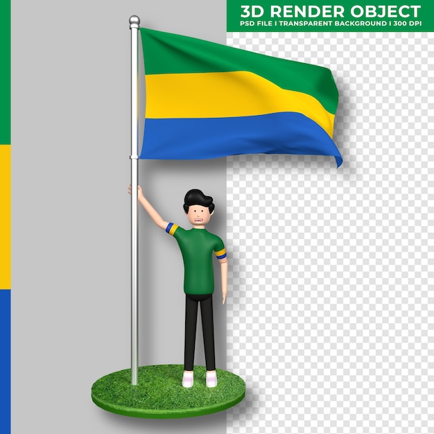 Flaga Gabonu Z Postacią Z Kreskówek Uroczych Ludzi. Dzień Niepodległości. Renderowania 3d.