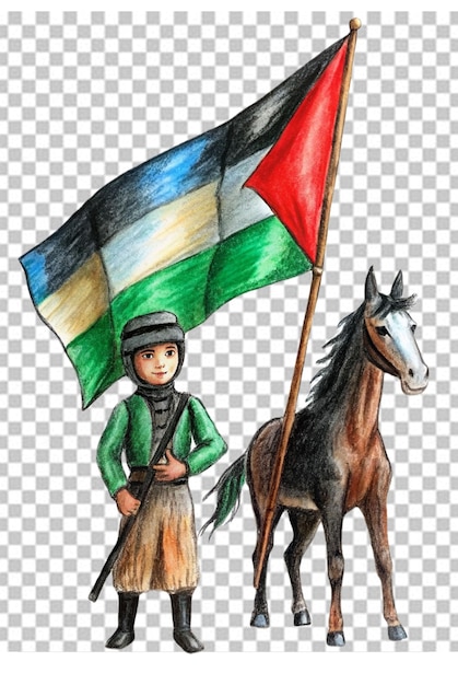 PSD flaga palestyny trzyma muzułmanina i konia odizolowanych na przezroczystym tle