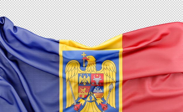 PSD flaga rumunii z herbem odizolowanym na białym tle z przestrzenią kopiowania nad renderingiem 3d