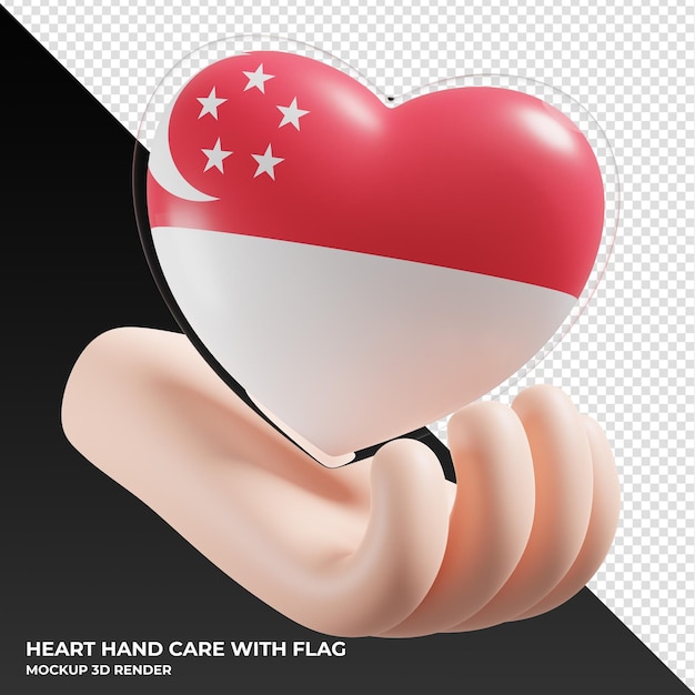 PSD flaga singapuru z realistyczną teksturą 3d do pielęgnacji dłoni serca
