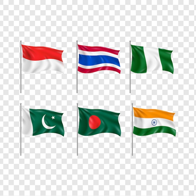 インドネシア,タイ,ナイジェリア,パキスタン,バングラデシュ,インドの国旗が透明な背景に描かれています.
