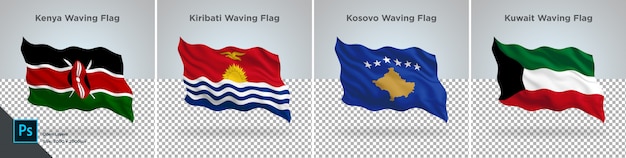 Flags set of kenya, kiribati, kosovo, kuwait flag set on transparent