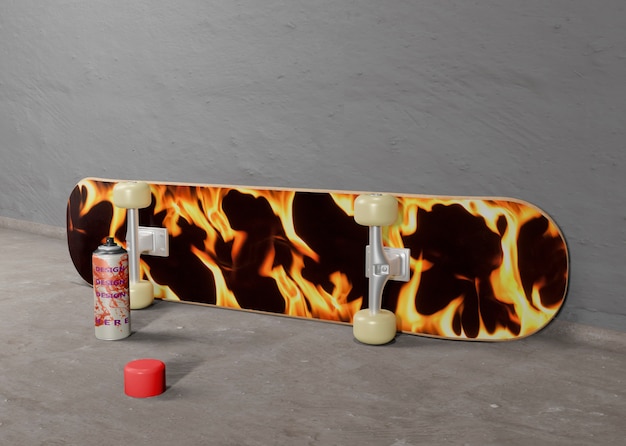 Flame design skateboard next to spray can