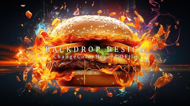 PSD flaming burger with sauce explosion