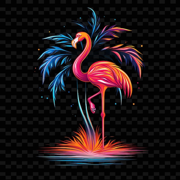 PSD flamingo tropisch paradijs sierlijke neonlijnen palmbomen cu png y2k vormen transparant licht arts