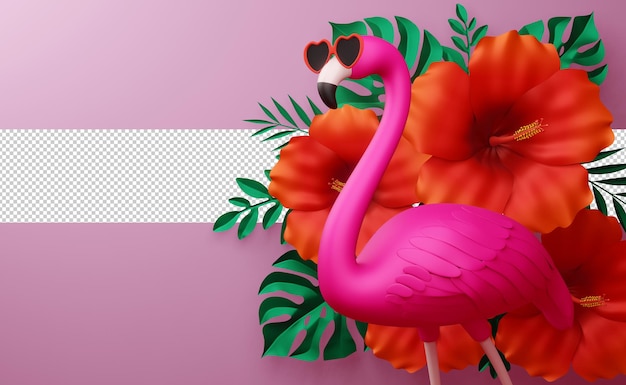 flamingo wearing glasses and hibiscus flowerwith leaves, summer season, summer template 3d rendering