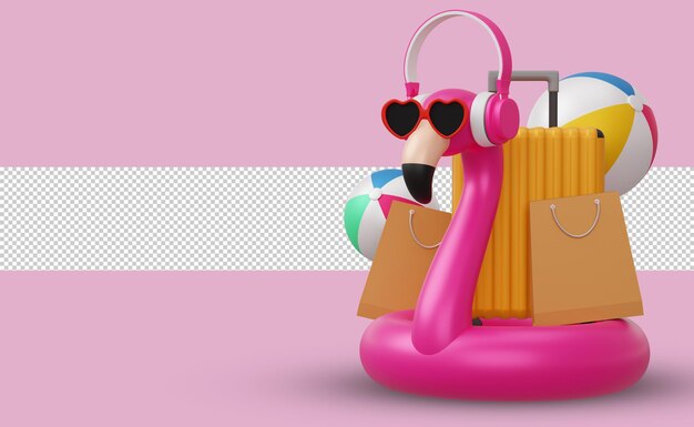 Flamingo with headphone and beach equipment, summer season 3d rendering