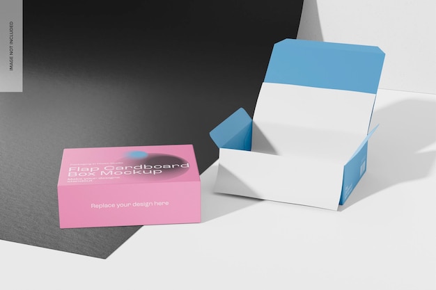 PSD flap cardboard boxes mockup, opened and closed