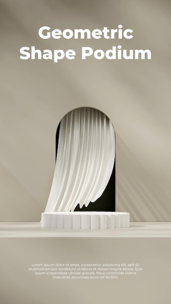 羽ばたきカーテン 3 d レンダリング モックアップ シーン表彰台製品グレーと白の色の肖像画