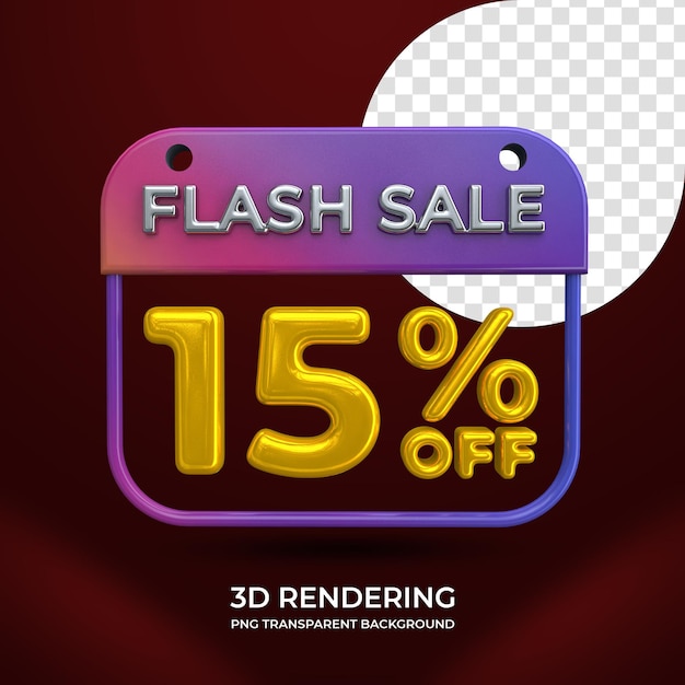플래시 판매 15% 할인 3d 렌더링 절연 투명 배경