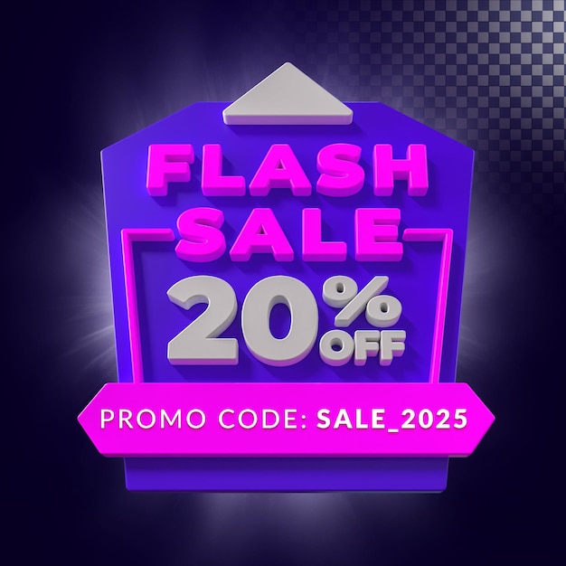 PSD flash sale 20 percent off 3d rendering isolated badge with alpha background