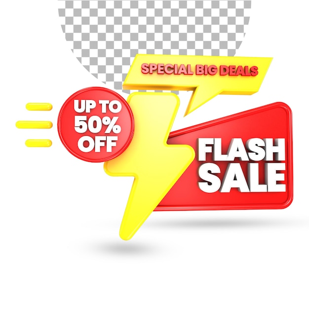 Flash sale 50 percent off offer with red and yellow surprise gift box 3d render isolated