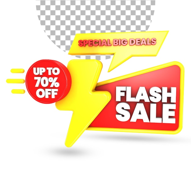 Flash sale 70 percent off offer with red and yellow surprise gift box 3d render isolated