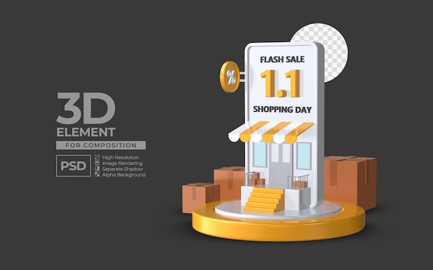 Vendita flash giorno di shopping 1 1 con elemento di rendering 3d del podio dello smartphone per psd premium di composizione