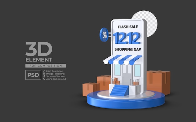 Giorno di shopping di vendita flash 12 12 con elemento di rendering 3d del podio dello smartphone per psd premium di composizione