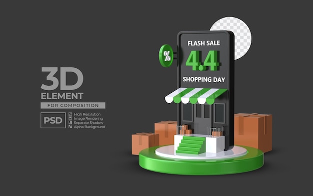 PSD vendita flash giorno di shopping 4 4 con elemento di rendering 3d del podio dello smartphone per psd premium di composizione