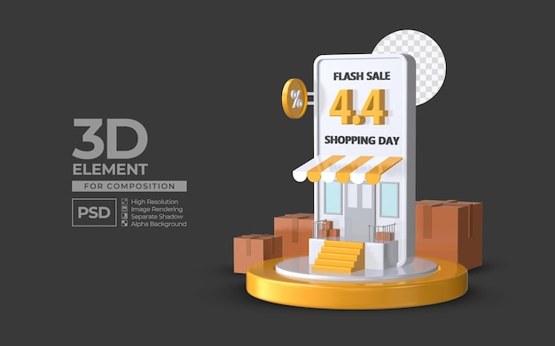 Vendita flash giorno di shopping 4 4 con elemento di rendering 3d del podio dello smartphone per psd premium di composizione