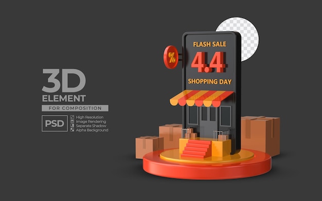 Vendita flash giorno di shopping 4 4 con elemento di rendering 3d del podio dello smartphone per psd premium di composizione