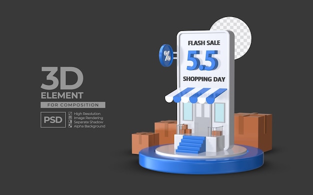 Vendita flash giorno di shopping 5 5 con elemento di rendering 3d del podio dello smartphone per psd premium di composizione