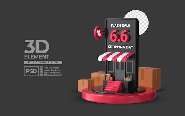 Giorno di shopping di vendita flash 6 6 con elemento di rendering 3d del podio dello smartphone per psd premium di composizione