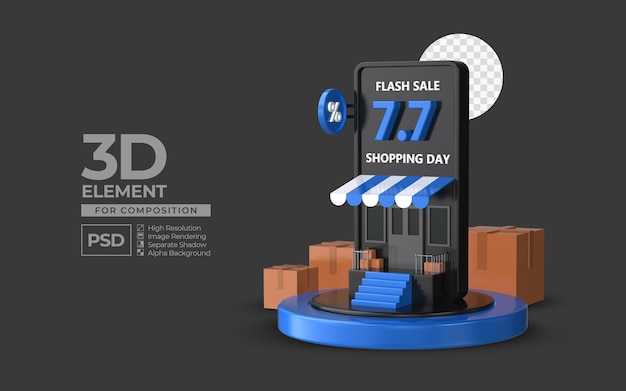 Flash sale shopping day 7 7 with smartphone podium 3d render element for composition premium psd