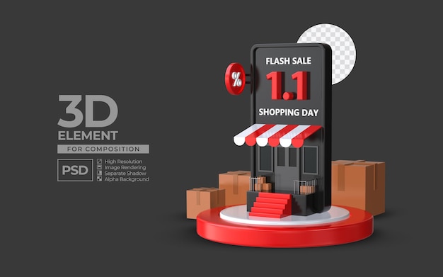 Flash-uitverkoop winkeldag 1 1 met smartphone-podium 3d render-element voor compositie premium psd