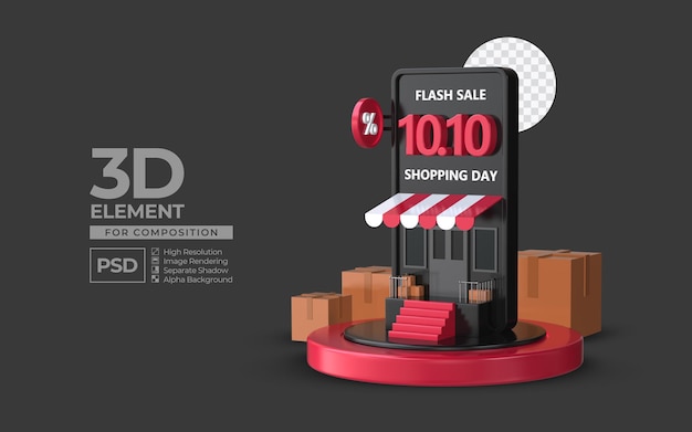 PSD flash-uitverkoop winkeldag 10 10 met smartphone-podium 3d render-element voor compositie premium psd