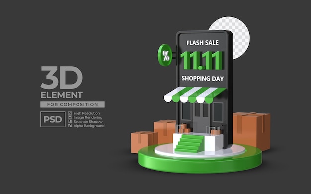Flash-uitverkoop winkeldag 11 11 met smartphone podium 3d render-element voor compositie premium psd