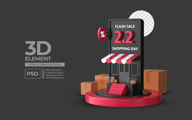 Flash-uitverkoop winkeldag 2 2 met smartphone-podium 3d render-element voor compositie premium psd