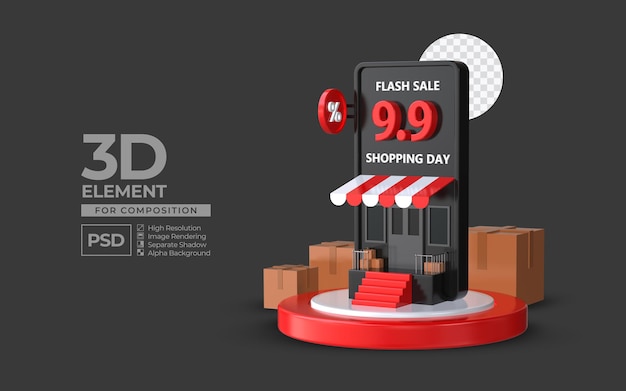 Flash-uitverkoop winkeldag 9 9 met smartphone-podium 3d render-element voor compositie premium psd