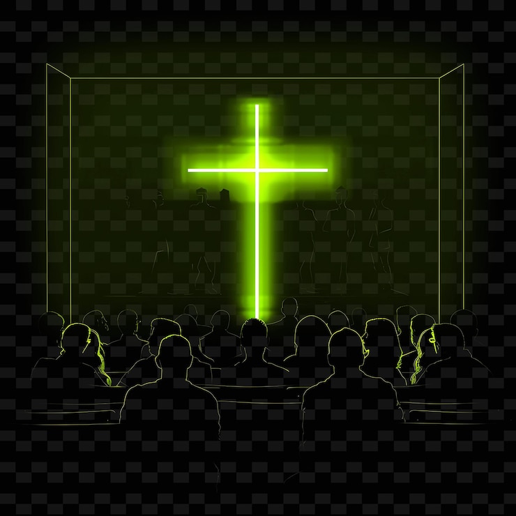 PSD flashing neon caucus with people discussing landscape inside neon line art city view background