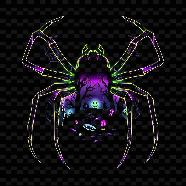 PSD flashing neon haunted forest inside a silhouette spider landscape has eerie trees with glowing webs