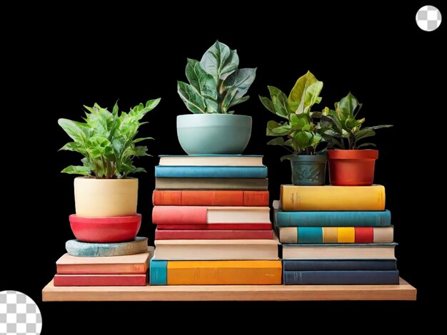 PSD flat colorful books and plants stand png transparent