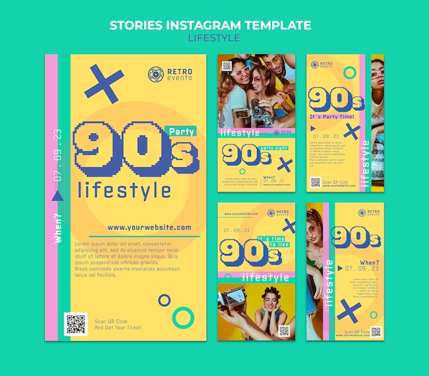 Storie di instagram per feste anni '90 dal design piatto