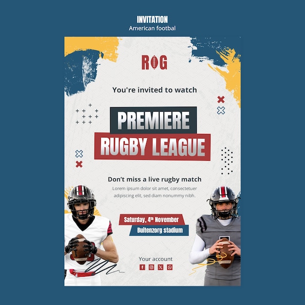 PSD flat design american football invitation template