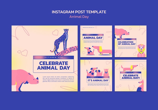 Flat design animal day instagram post set