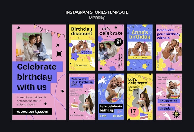 PSD storie di instagram per la celebrazione del compleanno di design piatto